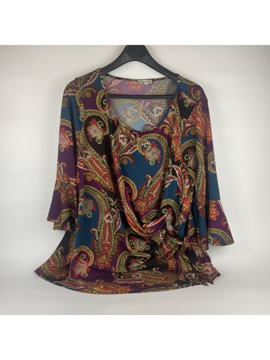 Chenault Tops - Chenault Women’s Boho Blouse – Size 26/28 | Paisley Drape Front Stretch Pullover